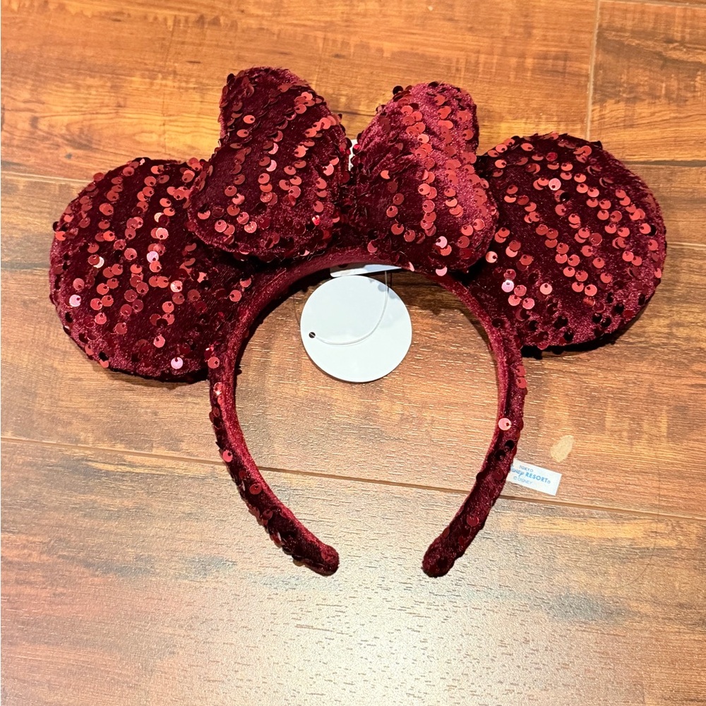 Tokyo Disneyland Japan Disney- Parks Headband Minnie Ear Dark Red Velour Sequin